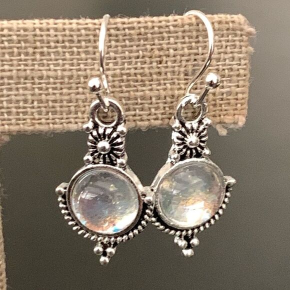 Faux Moonstone & Silver Tone Drop Earrings, Ornate Vintage Balinese Opal Style - Picture 4 of 7